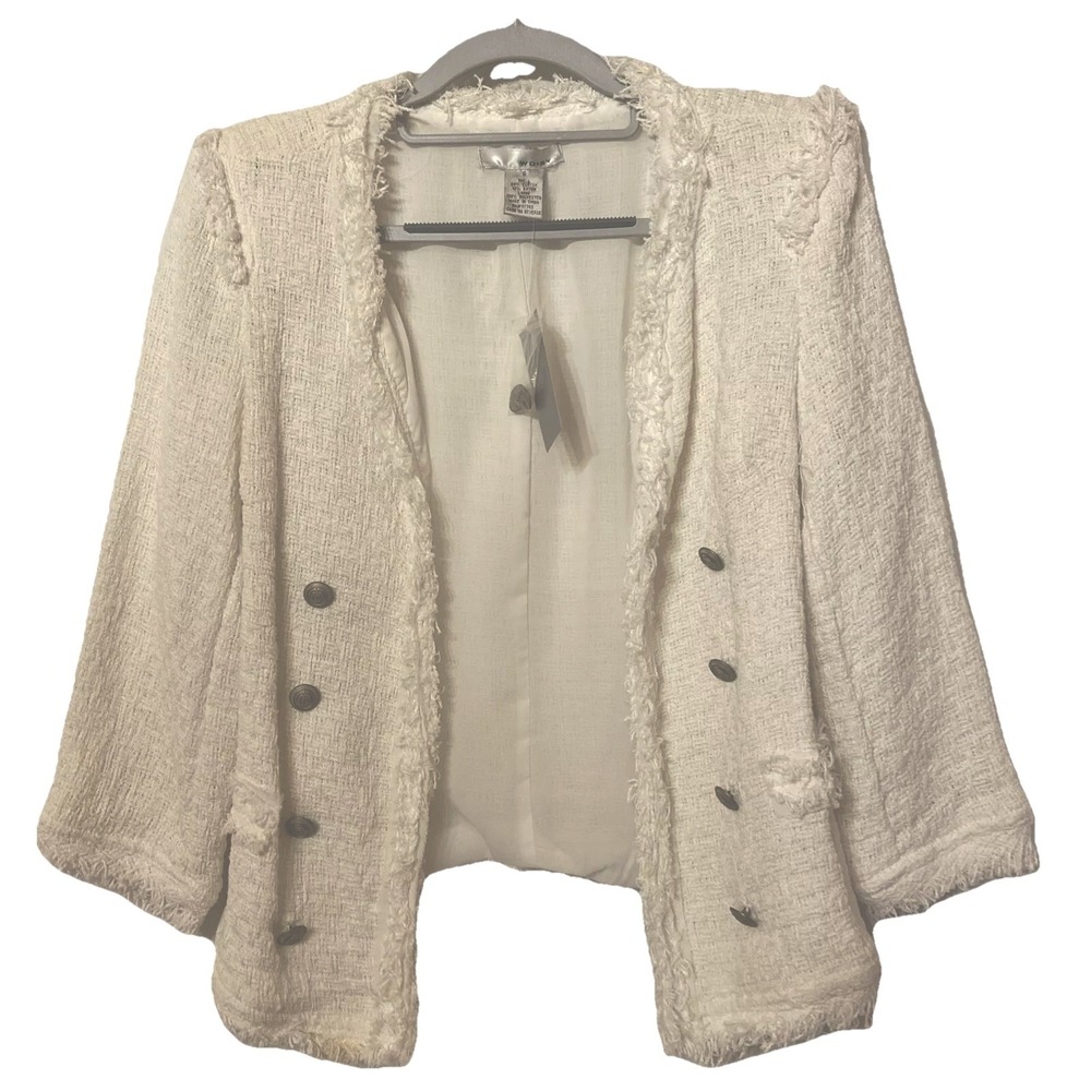 White Tweed Fringed Blazer Jacket Padded Shoulders Sz Sm Office Siren Old Money
